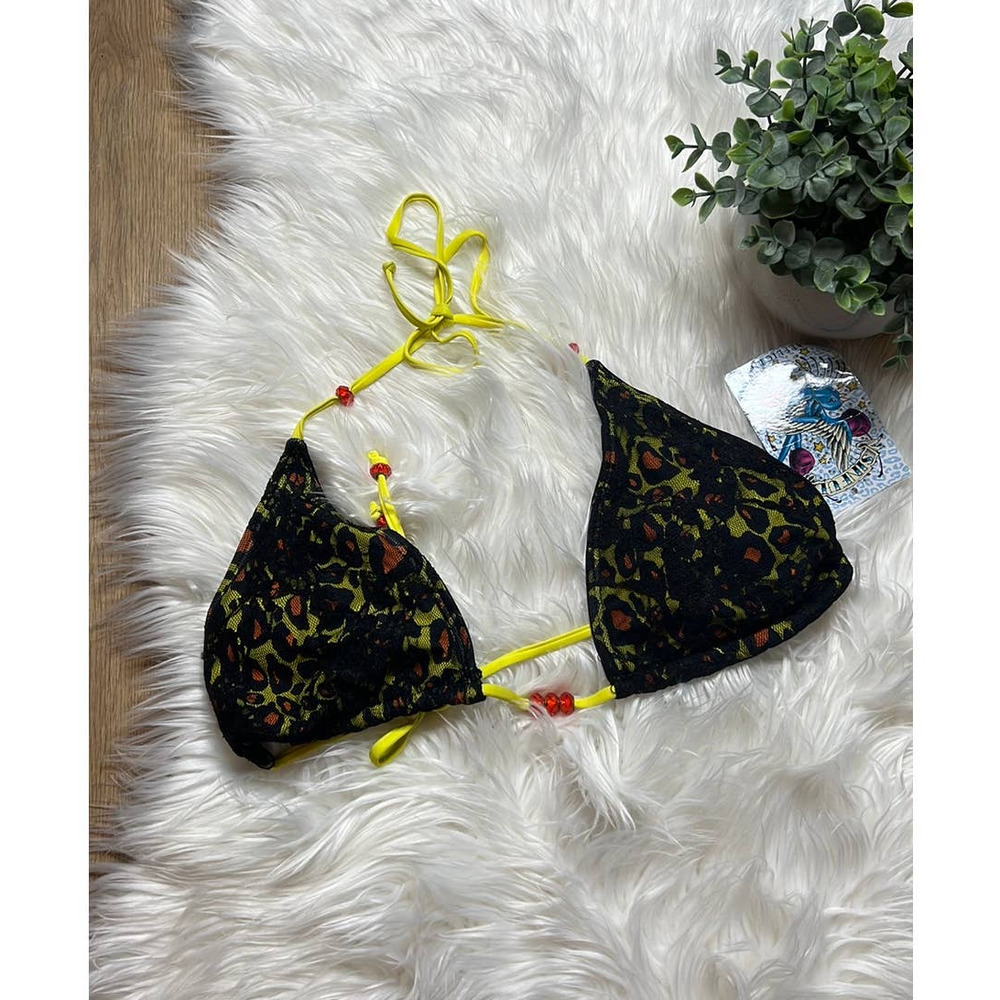 NWT Sinful By Affliction Black Yellow Lace Reversible Triangle Swim Top L